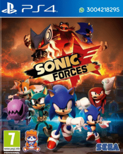 Portada de Sonic Forces para PS4 con los personajes principales corriendo en un escenario en caos.
