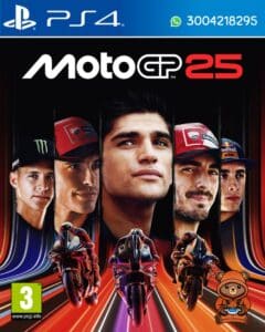Carátula oficial de MotoGP 25 para PlayStation 4 con cinco pilotos en primer plano y diseño vibrante
