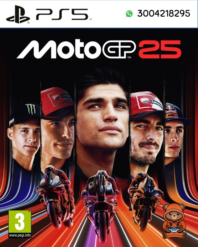 Carátula oficial de MotoGP 25 para PlayStation 5 con cinco pilotos en primer plano