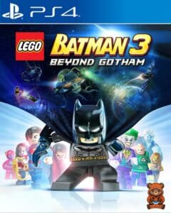 Portada de Lego Batman 3 Beyond Gotham para PS4 con Batman y otros héroes de DC en un fondo espacial.