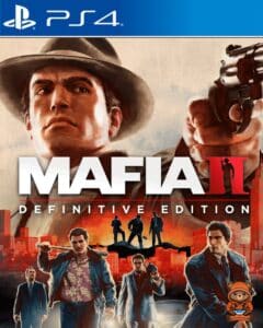 Portada de Mafia 2 Definitive Edition para PS4 con Vito Scaletta y escenas de la ciudad