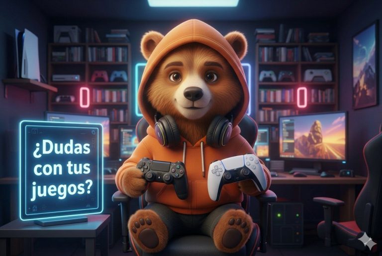 Oso de peluche con sudadera naranja sentado en silla gamer sosteniendo mandos de PS4 y PS5, con letrero neón que dice "¿Dudas con tus juegos?"